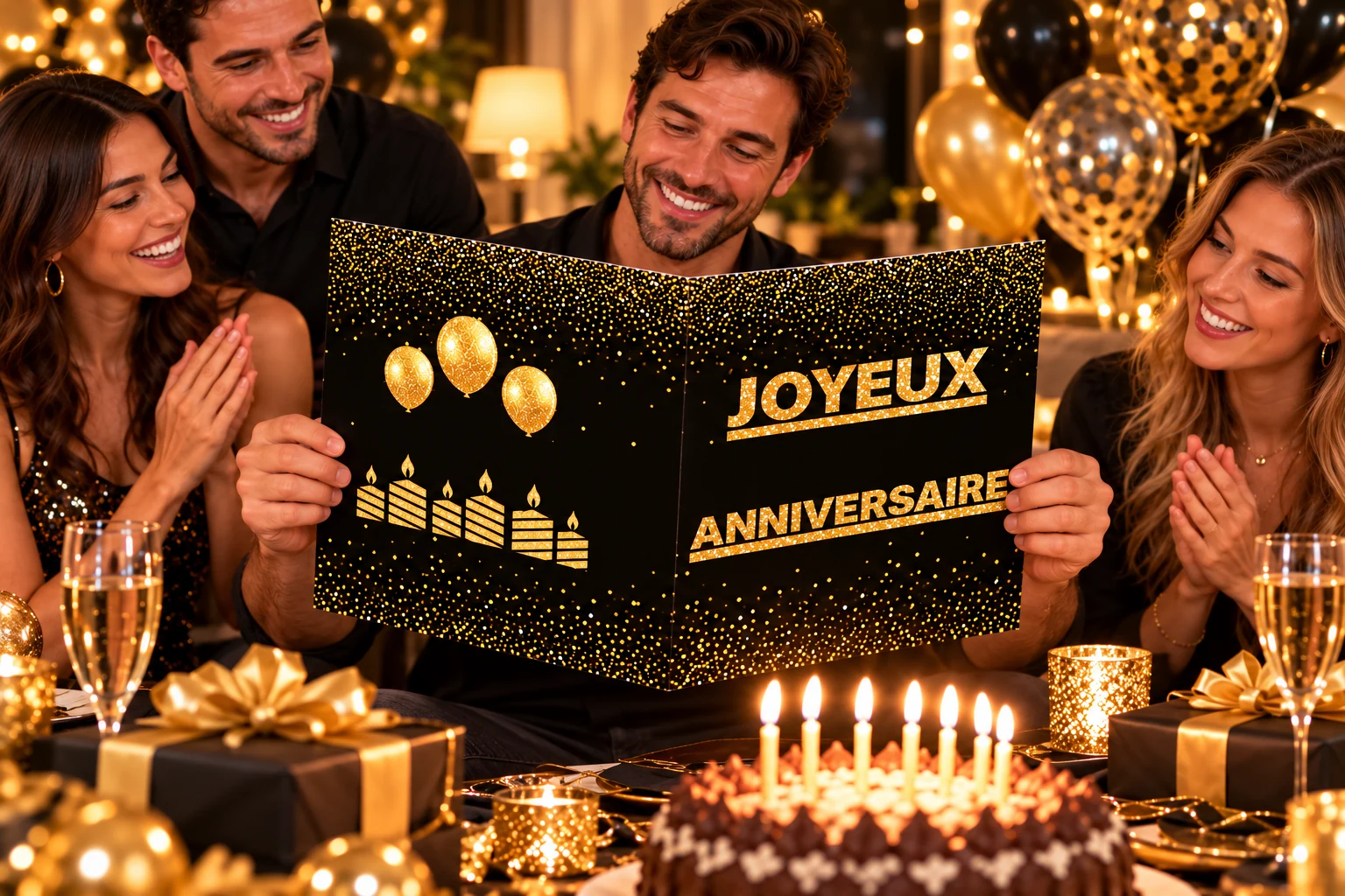 Une famille partage des messages d’anniversaire sur une grande carte