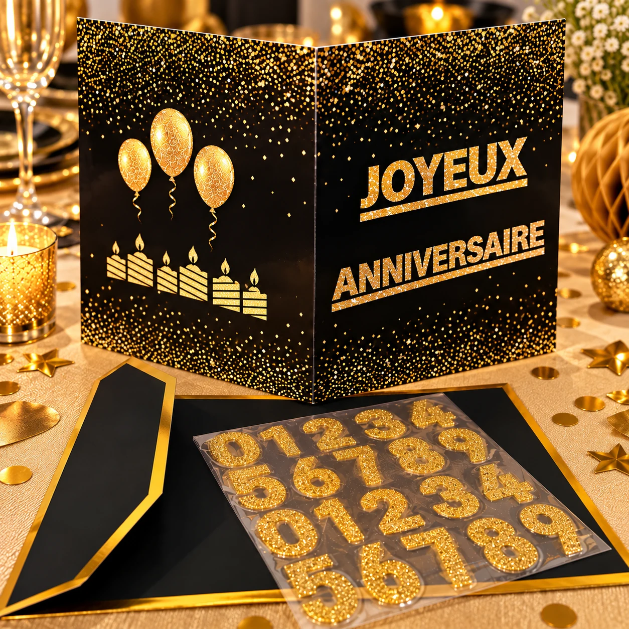 Présentation de la carte XXL TRES-FAMILLE, de son enveloppe noire et de ses chiffres dorés